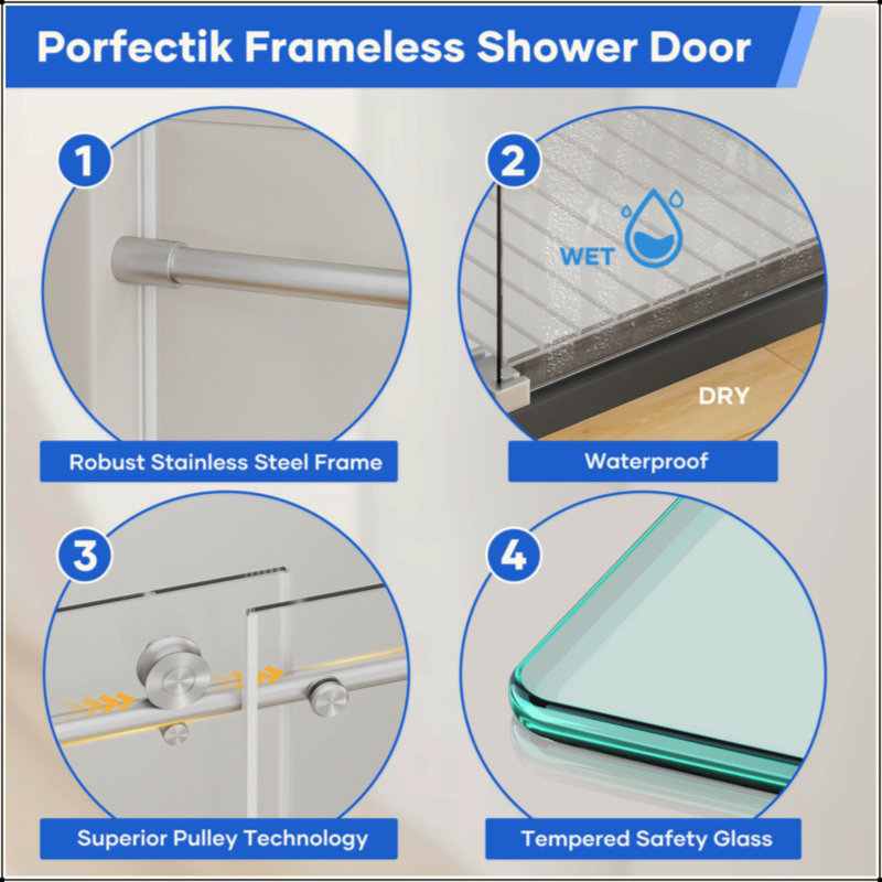 Quincaillerie simple en acier inoxydable en verre trempé épaissi de 8 mm pour porte de douche coulissante simple