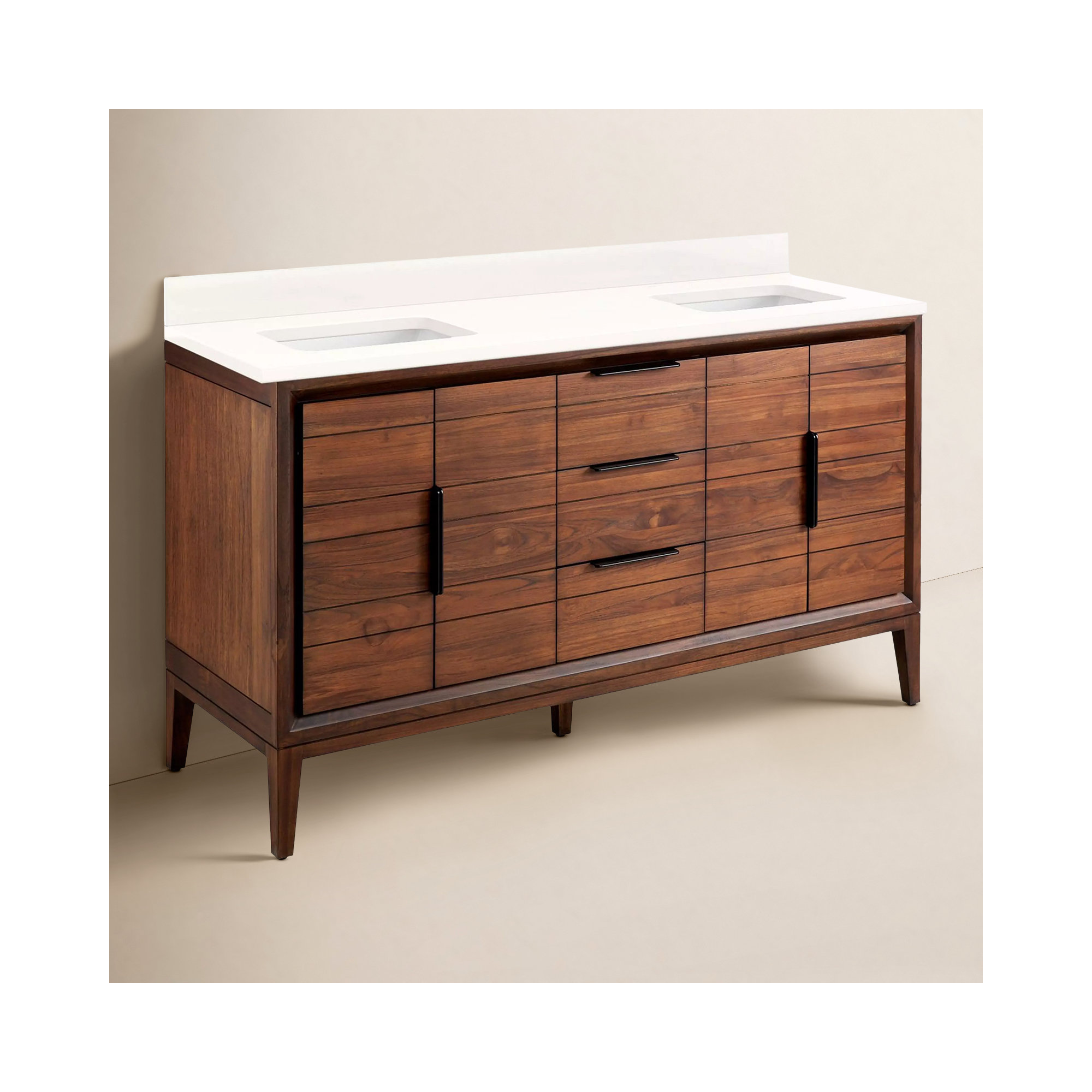 Aliso 60" Double Bathroom Vanity, Arctic White Quartz, No Faucet Hole, Java