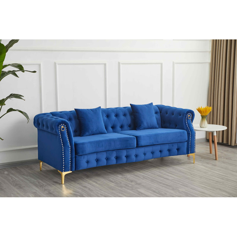Canapé rembourré avec pieds en métal, Velours bleu foncé, 28"H x 70.1"W x 29.1"D
