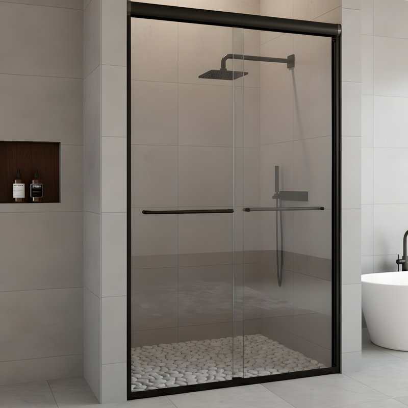 Frameless Double Sliding Shower Door, Matte Black
