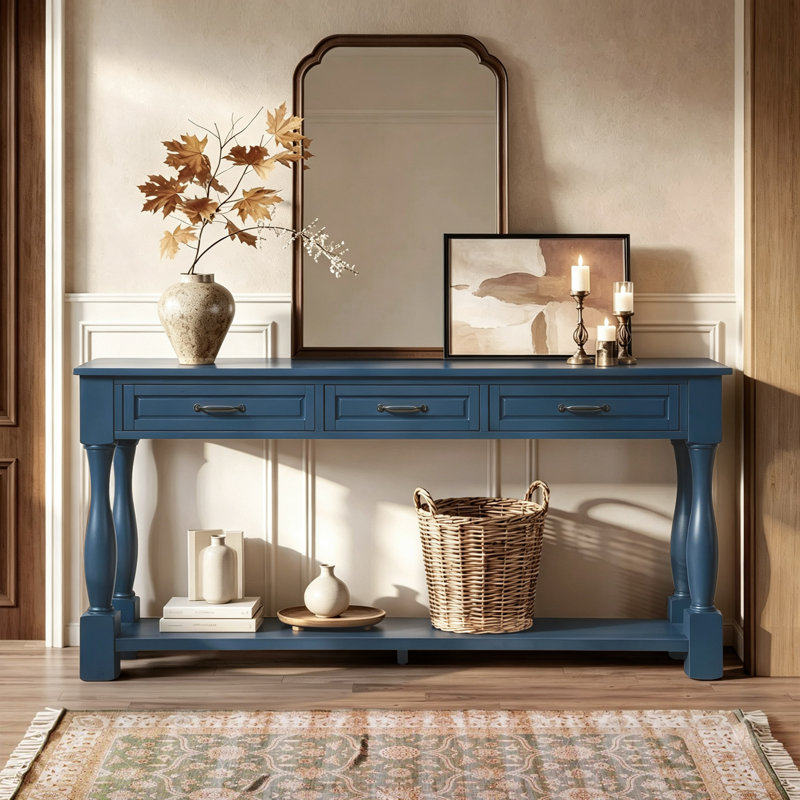 Console Bastedo 63" en bois, table d'appoint de rangement, table de canapé extra-épaisse avec 3 tiroirs et 1 tablette inférieure