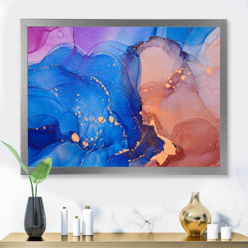 Art liquide bleu et orange I - reproduction sur toile, H 30 po x l 40 po x P 1,5 po, Cadre photo argenté