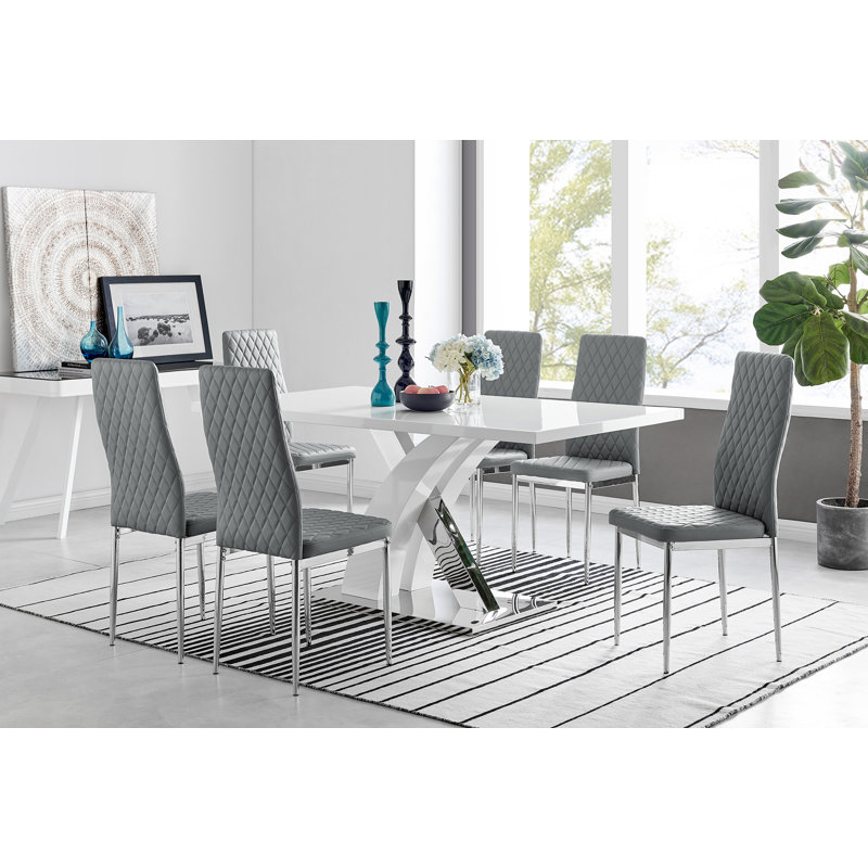 Edzard Chrome & White High Gloss Dining Table Set with 6 Luxury Faux Leather Dining Chairs, Gray