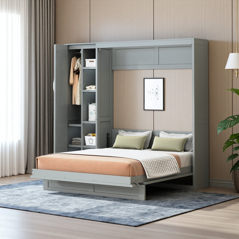 Lit escamotable mural Murphy avec tablettes, garde-robe et lumières DEL, Gris, Lit double