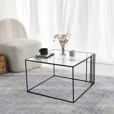 Modern Black Coffee Table with 100% Tempered Glass Top, 21.7 x 14.2 x 21.7 inches | Sturdy 100% Metal Frame, Electrostatic Powder & Oven Coating | Industrial Design, Perfect for Living Room & Contemporary Spaces
