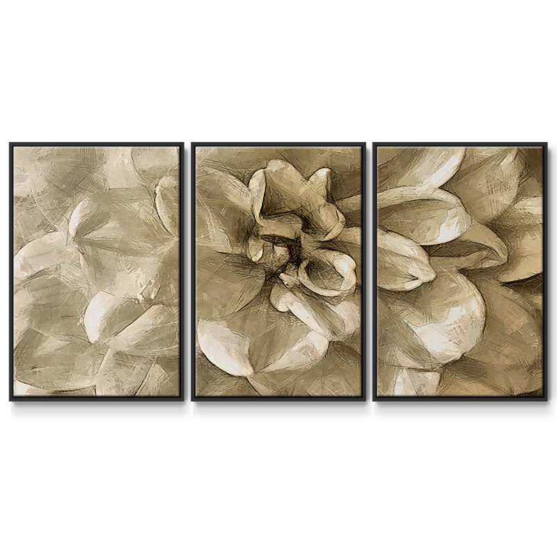 Neutral Wall Flower III, reproduction encadrée sur toile 3 pièces, H 36 po x l 75 po x P 2 po, Noir