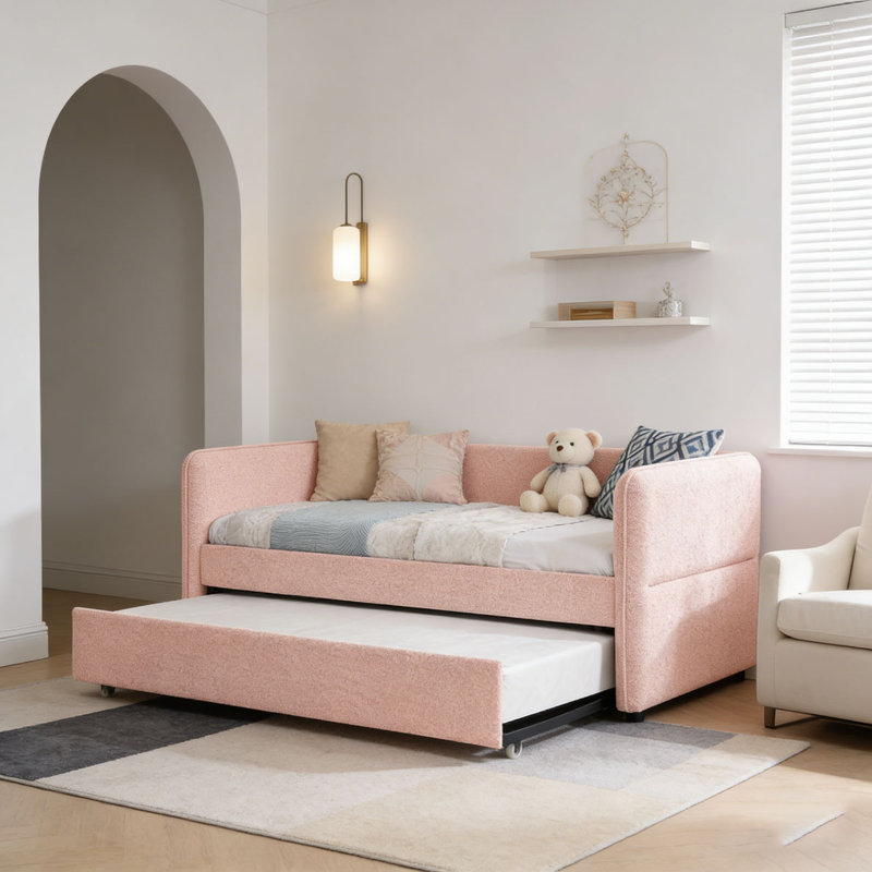 Boucle Fabric Daybed, Pink-Pop-up-Trundle, Twin