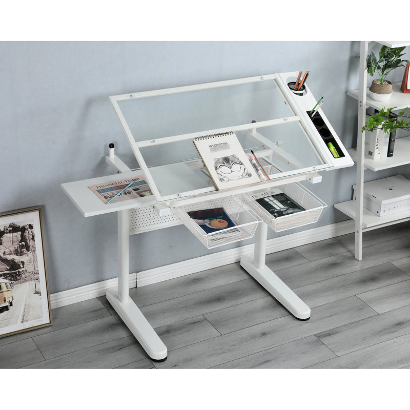 White Drafting Table With 0 - 75° Tiltable Desktop And Stool Craft Desk Hand Crank Adjustable Construction, 2 Metal Drawers,