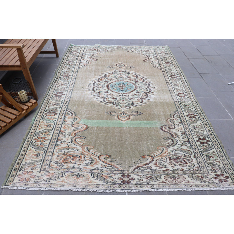 Tapis Oushak turc rétro fait à la main - grand tapis de chambre en bronze au design organique
