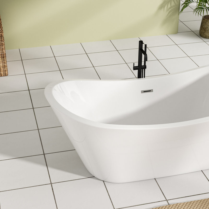 Baignoire de trempage en acrylique autoportante 67 po. X 30 po. Blanc mat brillant avec bonde escamotable