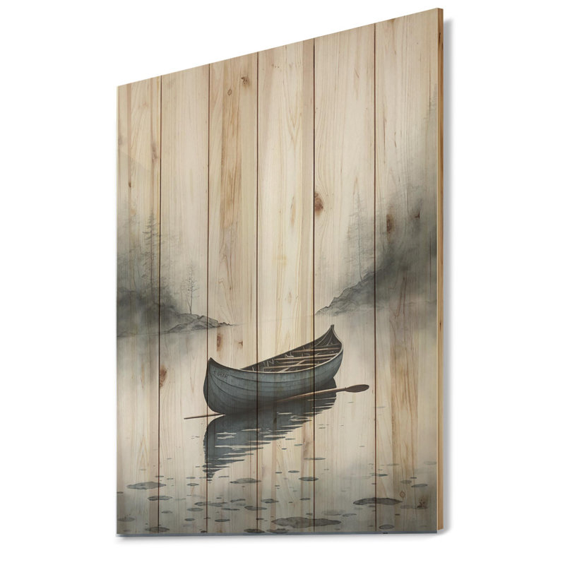 Canot sur le lac I - impression sans cadre sur bois, H 32 po x l 16 po x P 1 po