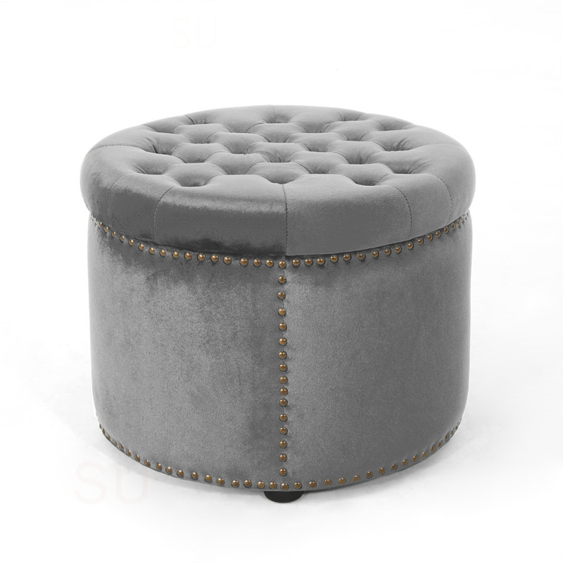 Helotes Tufted Round Cocktail Ottoman, Light Gray