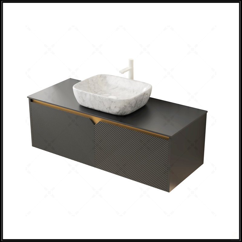 Meuble-lavabo mural de 48 po avec rangement en contreplaqué flottant, portes doubles en sergé, vasque en céramique à motif marbré et plateau en pierre frittée noire