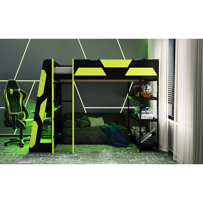 Lit mezzanine double pleine grandeur avec bureau latéral, rangement à 3 sous, éclairage à DEL, charge, noir et avec rangement latéral