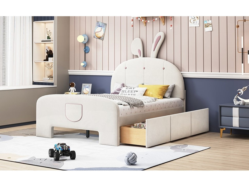 Lit plateforme double en velours avec tête de lit en forme de lapin et amp; Rangement - beige, aucun sommier requis, soutien solide