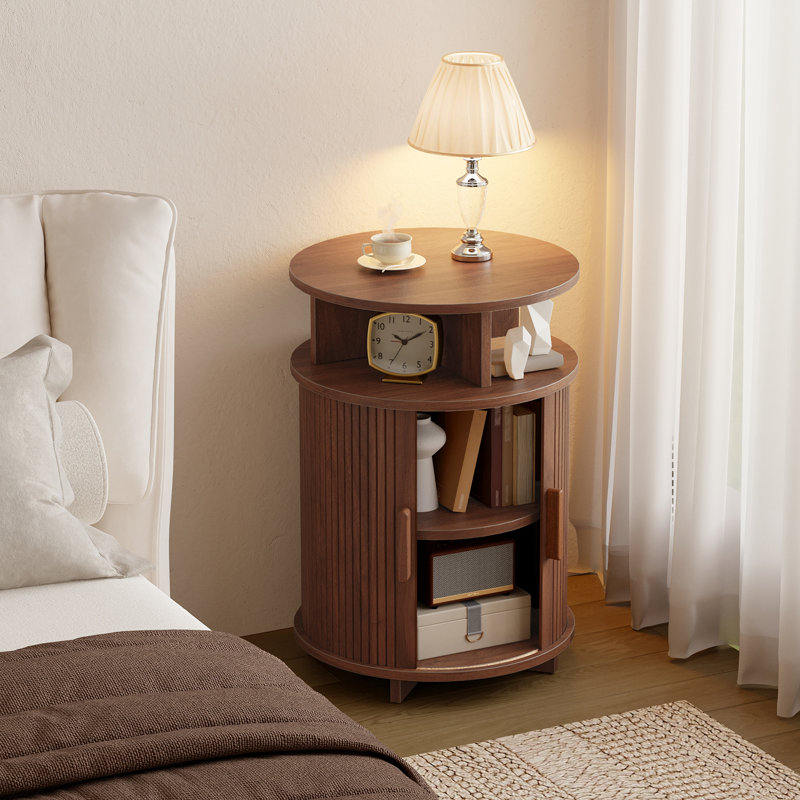 15.7" Round Fluted End Tables with Charging Station and Sliding Tambour Door, Walnut