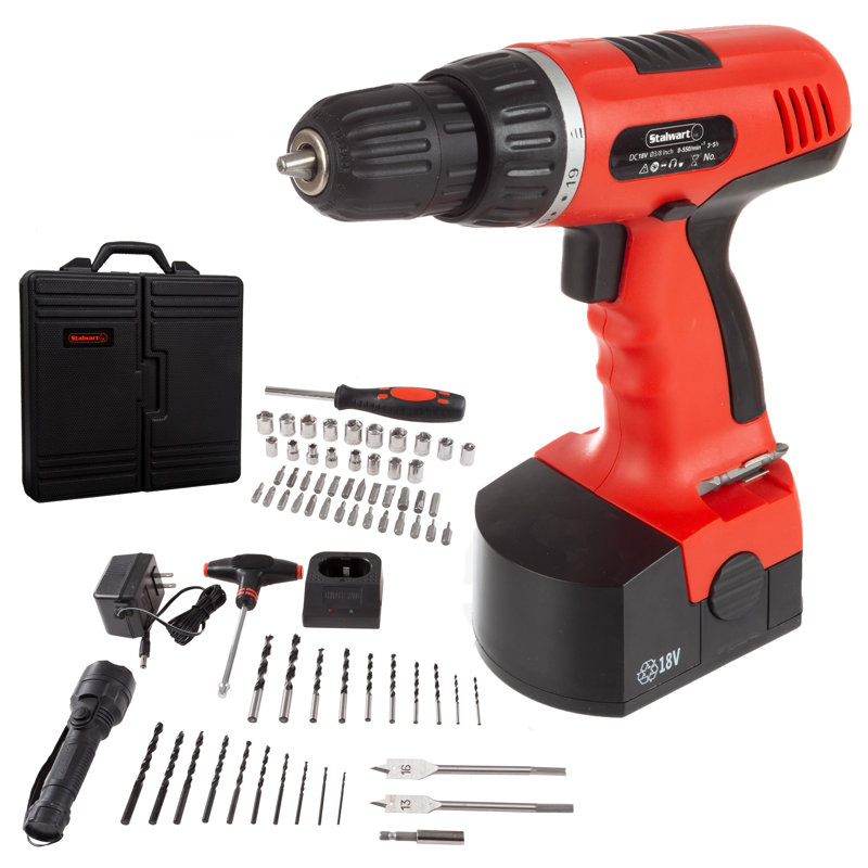 Ensemble de perceuse sans fil 18 V - Ensemble d'outils 78 pièces avec mèches, douilles, embouts de tournevis, lampe de poche, pile rechargeable et boîte à outils par Stalwart (rouge)