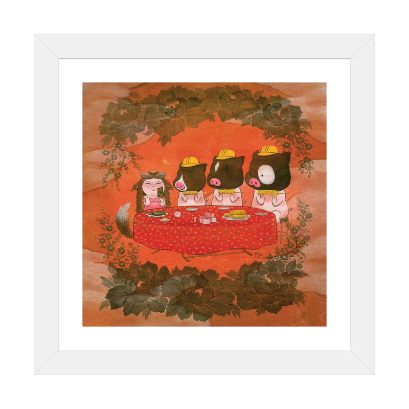 Trois cochons par Martin Hsu - reproduction d'art, H 24 po x l 24 po x p 1 po, Papier encadré blanc, Blanc