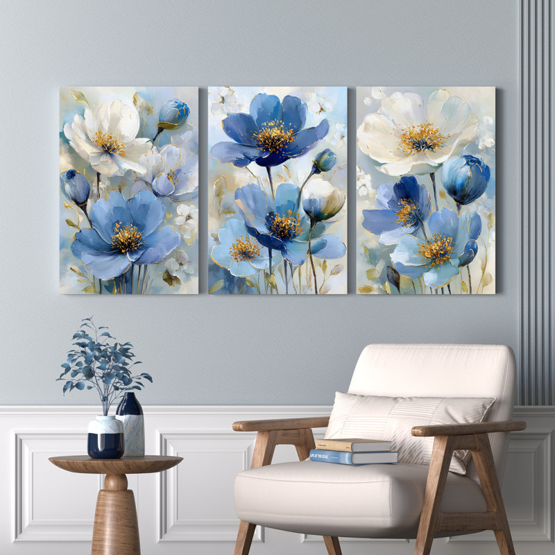 "Blue Floral", art mural, reproduction de peinture à l'huile (ensemble de 3), H 36 po x l 72 po