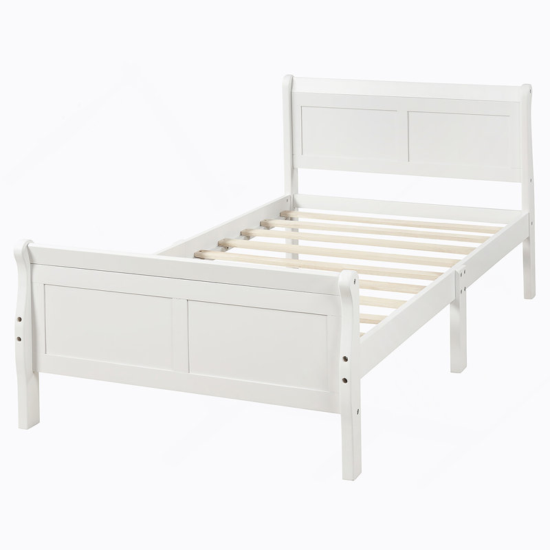 Lit plateforme avec base de lit en bois et sommier avec base de lit et support en lattes de bois, Blanc