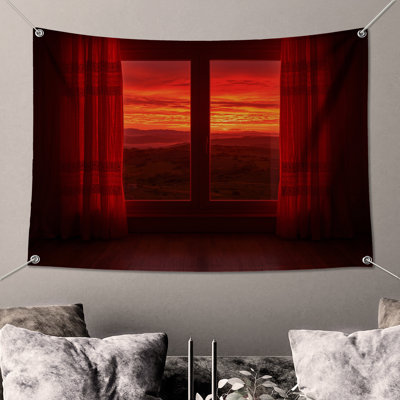 Red Sunset Through Window Wall Tapestry - Sunset Wall Decor