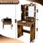 Table de coiffeuse rétro avec miroir, lumières DEL réglables, prise de courant, support pour sèche-cheveux et tabouret rembourré - une solution compacte pour les petites chambres, avec 1 grand 2 tiroirs compacts, ouverte