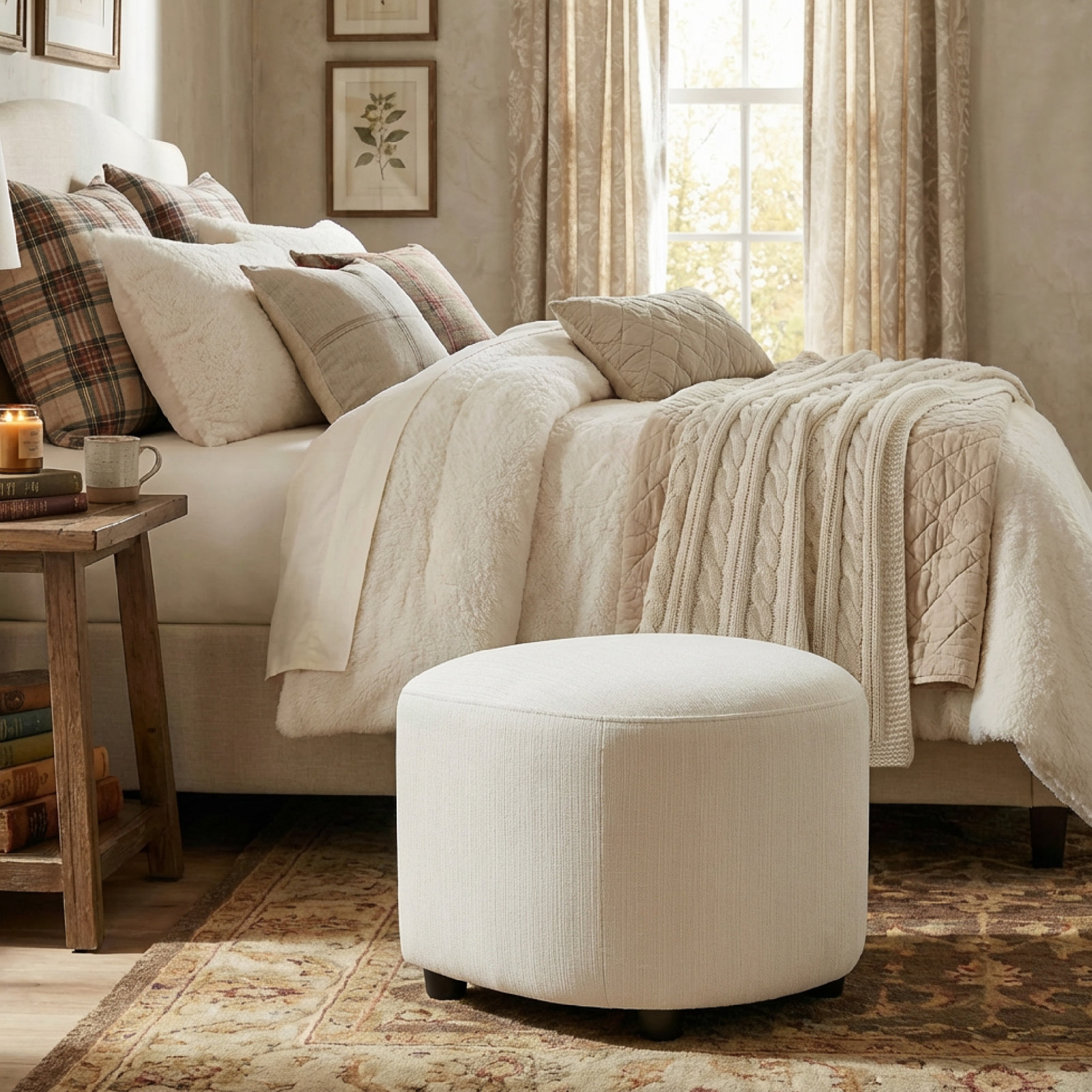 Bobbi 22" Upholstered Ottoman, Flannigan Cotton White Performance Weave