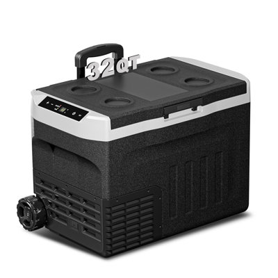 BacklD 32 qt Portable Car Refrigerator with 32°F-68°F Fast Cooling Mode, Wheels & Handle,  Quiet Compressor Tech, 12V/24V DC & 110V-240V AC