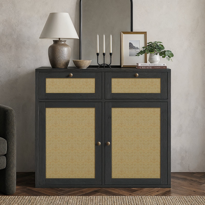 Meuble d'appoint Gianna en rotin à 2 portes et 2 tiroirs de rangement, 100 cm de largeur, Noir