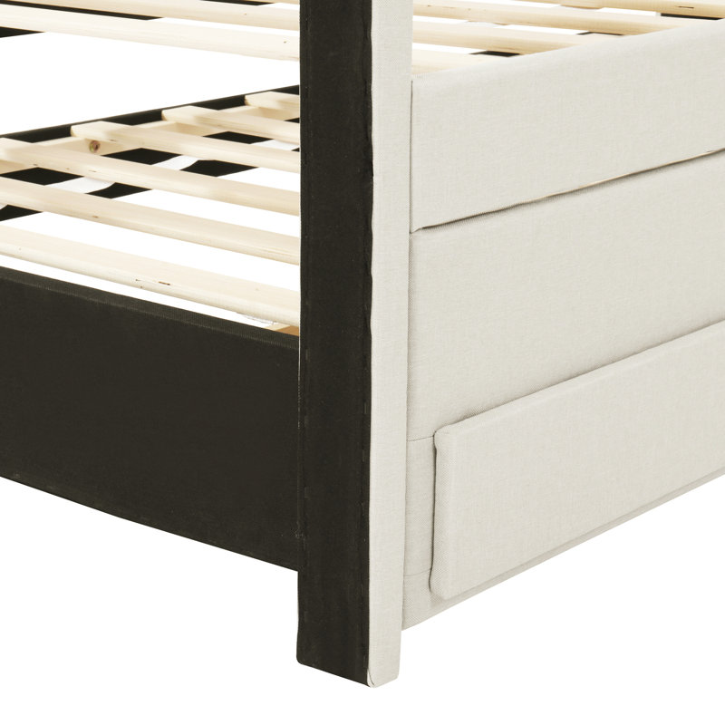 Lit plateforme simple tapissier beige avec lit gigogne et tiroirs en lin