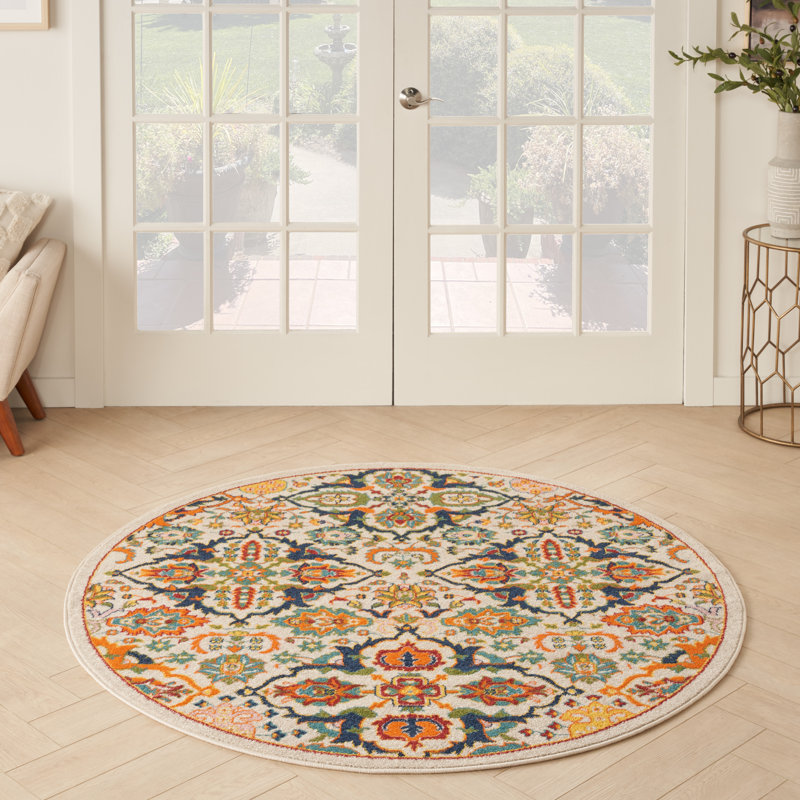 Whitingham Oriental Beige/Blue/Orange Area Rug, Round 5'3"