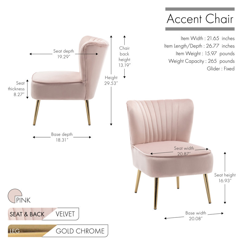 Seelinger Velvet Accent Chair with Gold Chrome Legs, Pink Velvet