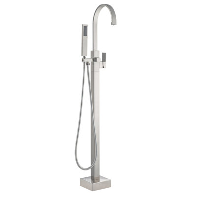 WOODBRIDGE F0060BN Contemporary Single Handle Floor Mount Freestanding Tub Filler Faucet with Hand Shower in Brushed Nickel Finish. 