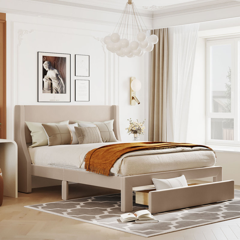 Lit plateforme avec rangement et velours, Beige