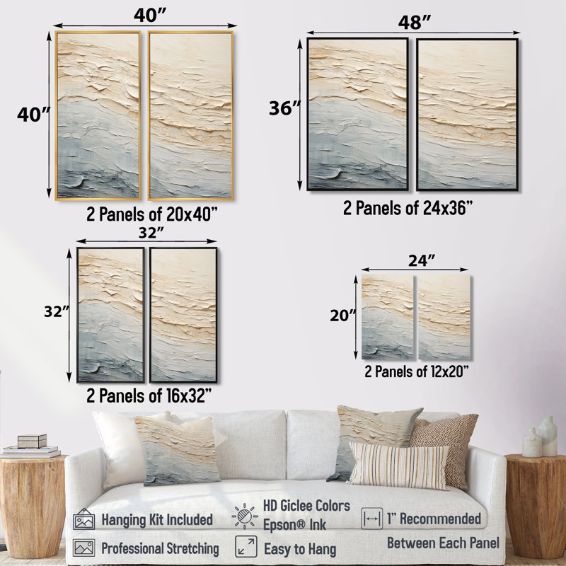 Art moderne moderne bord de mer beige et rivière grise I - Grand océan côtier, H 32 po x l 32 po, Doré