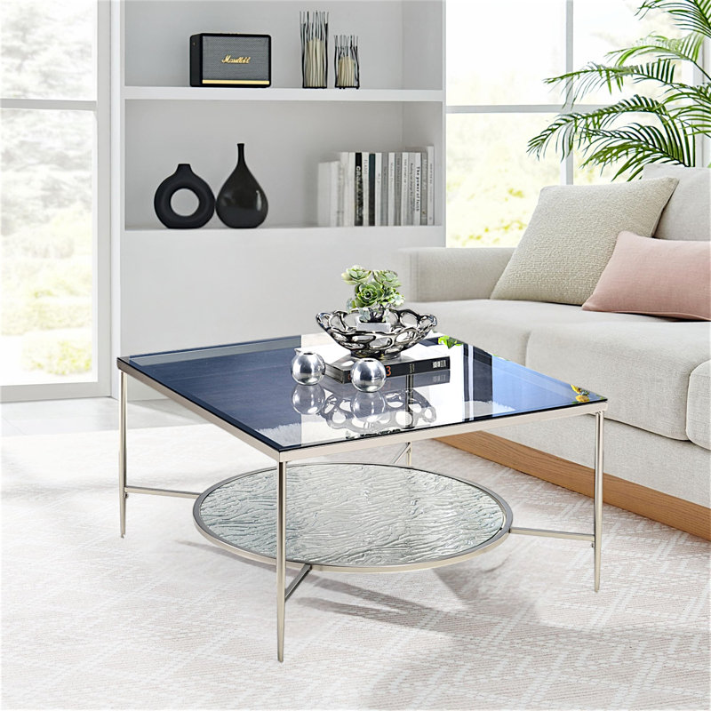 Table basse en verre et chrome Liora - Table carrée contemporaine avec tablette texturée pour les salons modernes