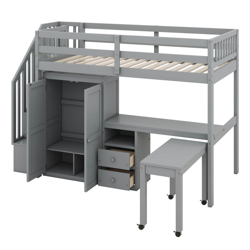 Twin Size Loft Bed With Stairs, Bookshelf, Drawers, Desk And Wardrobe, Space-Saving Multifunctional Furniture For Kids And Teens