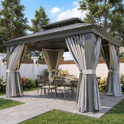 12 Ft. W x 10 Ft. D Hardtop Gazebo, Galvanized Steel Double Roof Aluminum Frame Outdoor Gazebo with Privacy Curtains and Netting, Permanent Metal Patio Gazebo for Garden, Backyard, Deck