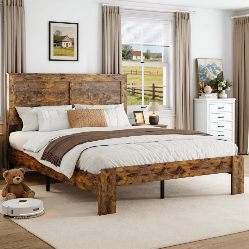 Cadre de lit grand format en bois et en métal, cadre de ferme, lit plateforme, brun (assemblage simple), Grand lit