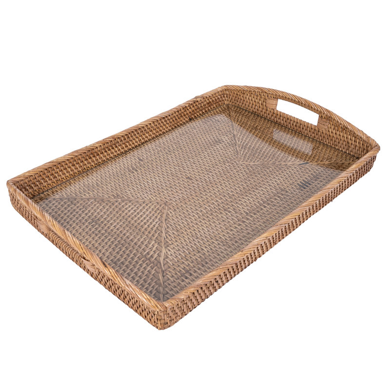 Rectangular Tray with Glass Insert, 17" W x 12" D x 1" H, Honey Brown
