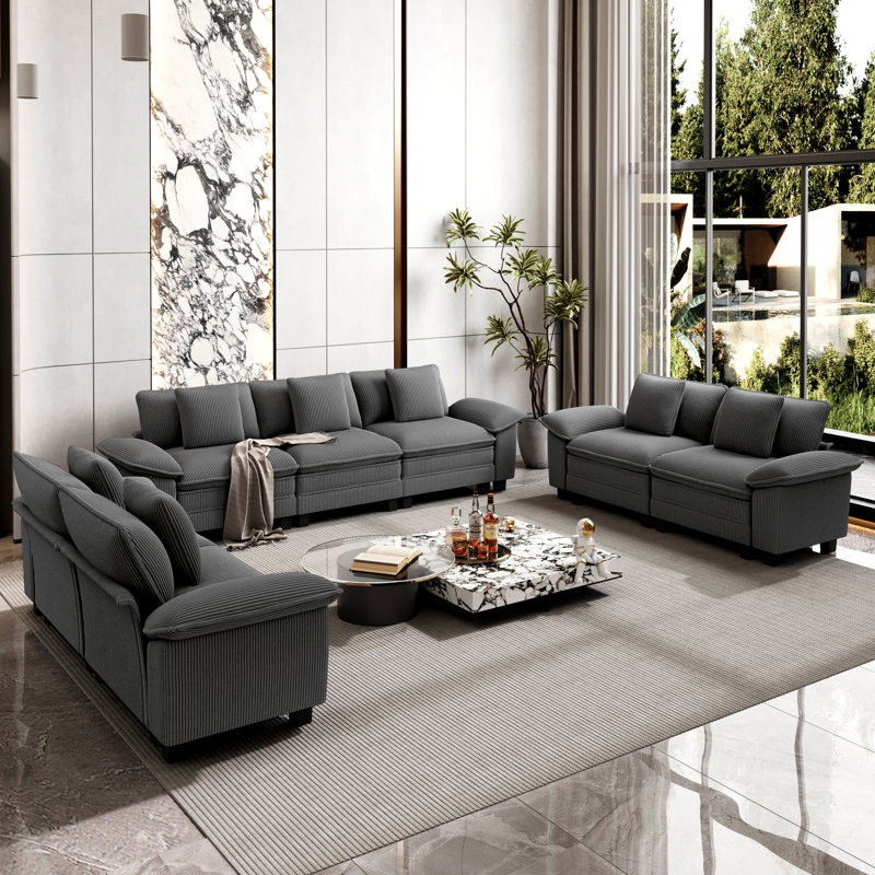 7 - Piece Living Room Set, Light Grey Corduroy