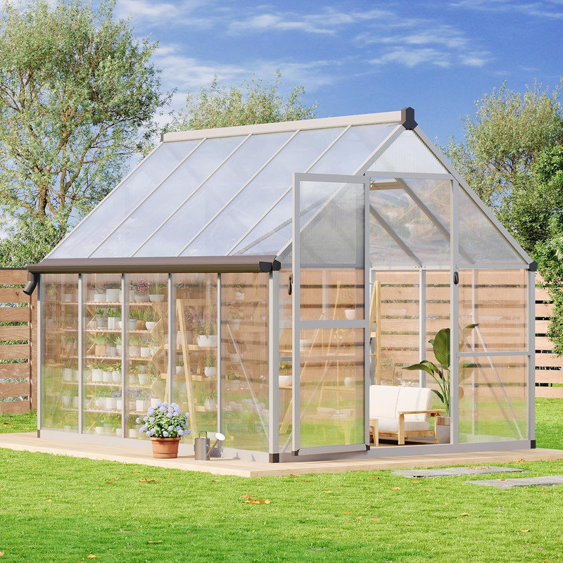Serre en polycarbonate à structure en aluminium de 8 pi x 10 pi avec évent et gouttière de toit, ensemble d'extérieur robuste