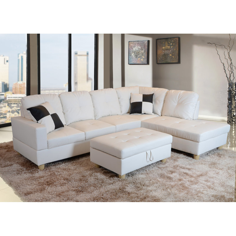 Canapé et chaise longue avec repose-pieds Beesley, Orienté à droite, Simili cuir blanc, Naturel