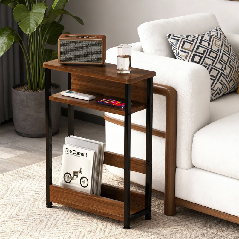 Industrial Slim Small Narrow Side Table with 2 Shelves Storage, Space-Saving End Table for Living Room, Bedroom, Office, 30LBS Load Capacity, Walnut