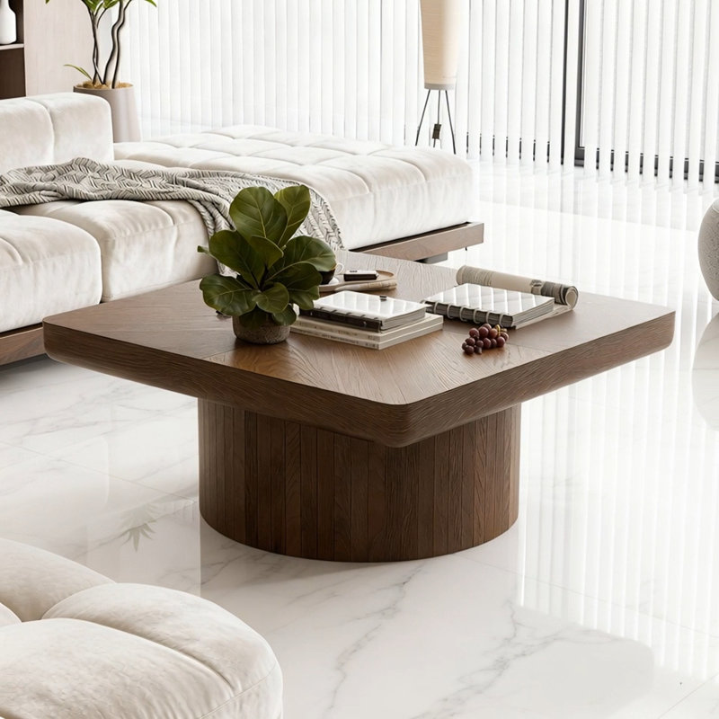 Table basse carrée avec base cylindrique, Noyer