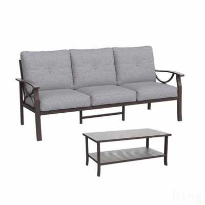 2 Piece Outdoor Patio Set, 70” All-Weather Metal 3-Seat Metal Patio Sofa And Rectangular Coffee Table , Khaki Frame With Gray Cushions