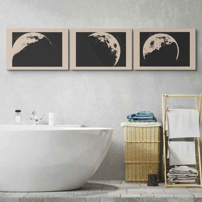 "Phases monochromes de la lune - lunaire noir et beige" - 3 pièces, H 16 po x l 24 po, Toile tendue