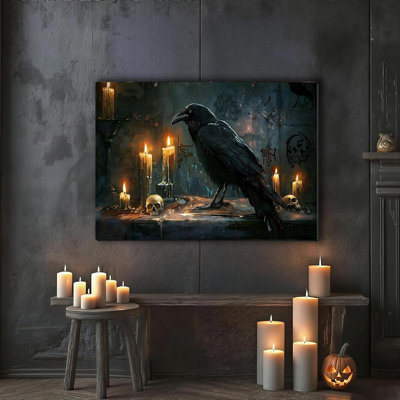 Skull Crow Dark Academia Decor Painting, Raven Framed Canvas Print, 8x12 Halloween Wall Art, Halloween Candle Poster Prints, Black Gothic Wall Decor for Living Room, Home