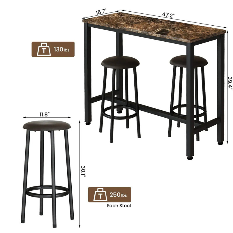 Golliday 3 Piece Dining Bar Table Set, Brown, 35.43"H x 39.57"L x 15.75"W