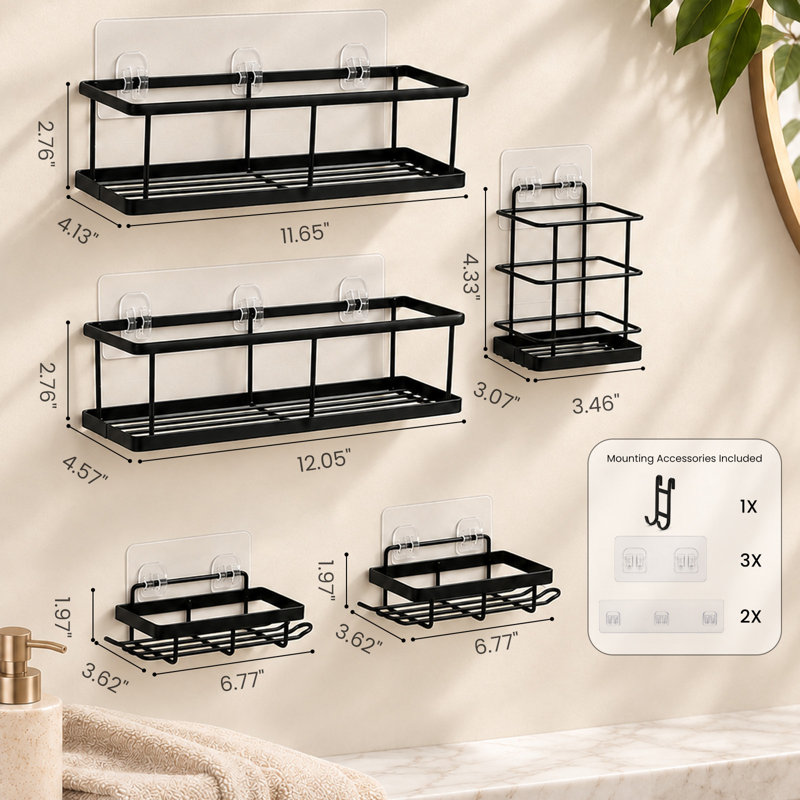 Ensemble de support de douche adhésif 5 pièces, organisateur de douche mural sans perceuse, tablettes de rangement de salle de bain en acier au carbone avec crochets